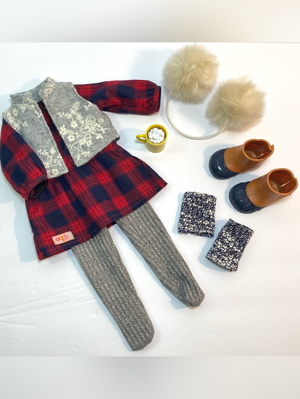 Our Generation 18” Doll Clothes Cocoa Cozy Dress Vest Leggings Ear Muffs Boots